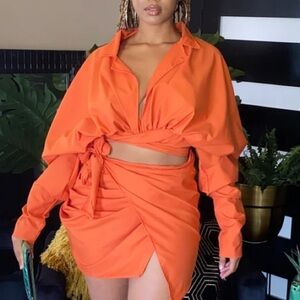 Orange wrap shirt and skirt set